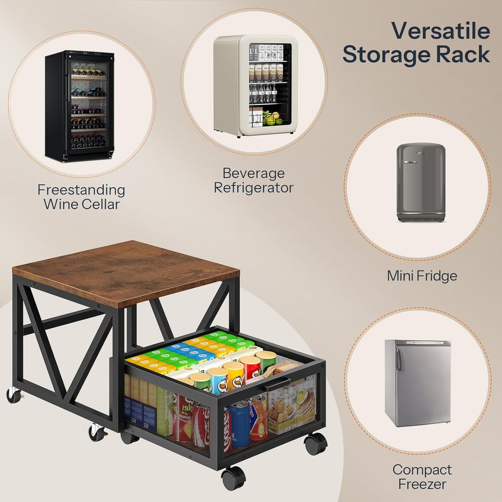 HOOBRO Mini Fridge Stand with Movable Storage Basket and Wheels, Mini Fridge Cabinet with Wheels, Sturdy Metal Frame, for Home, Office, Dorm, Rustic Brown and Black BF255TL01