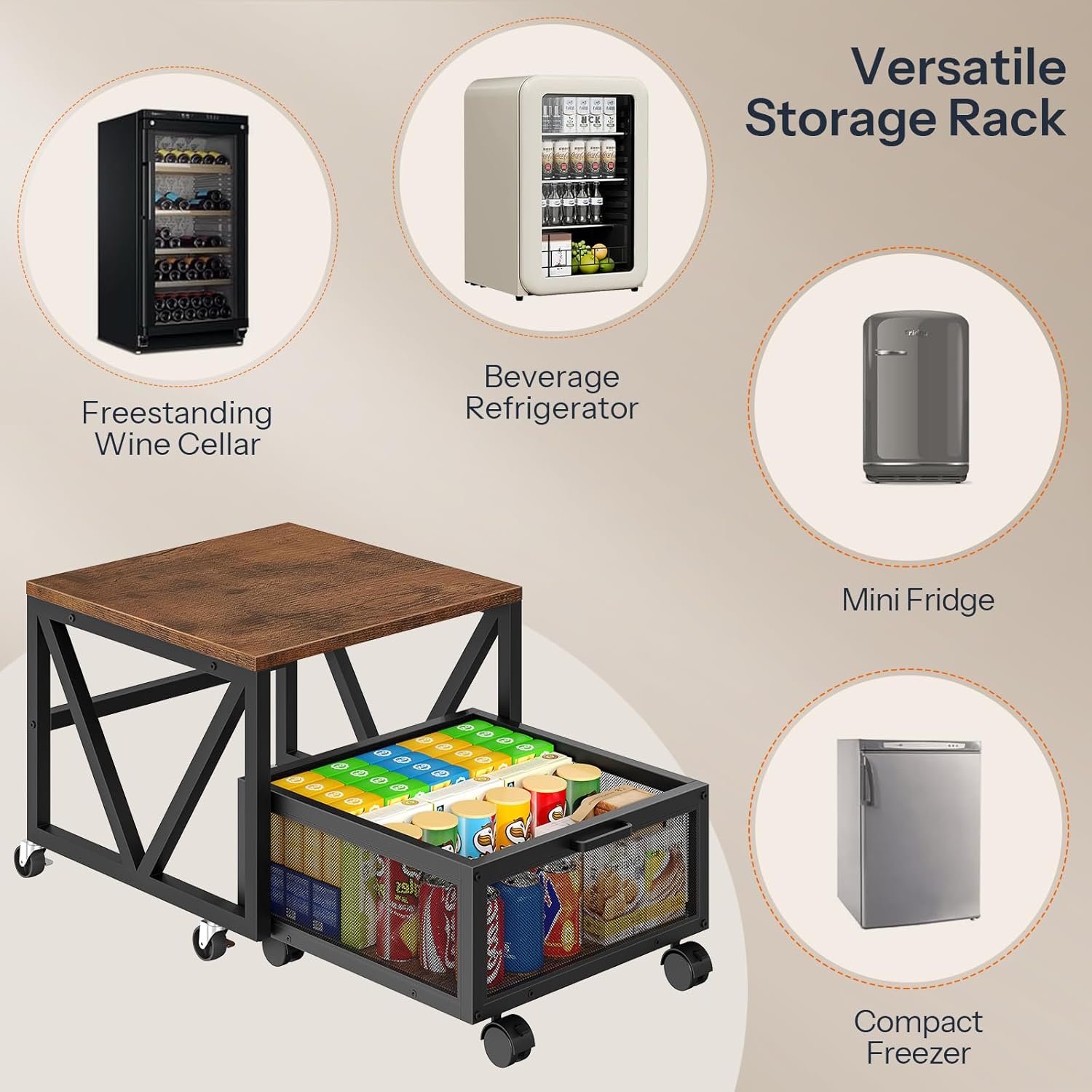 HOOBRO Mini Fridge Stand with Movable Storage Basket and Wheels, Mini Fridge Cabinet with Wheels, Sturdy Metal Frame, for Home, Office, Dorm, Rustic Brown and Black BF255TL01