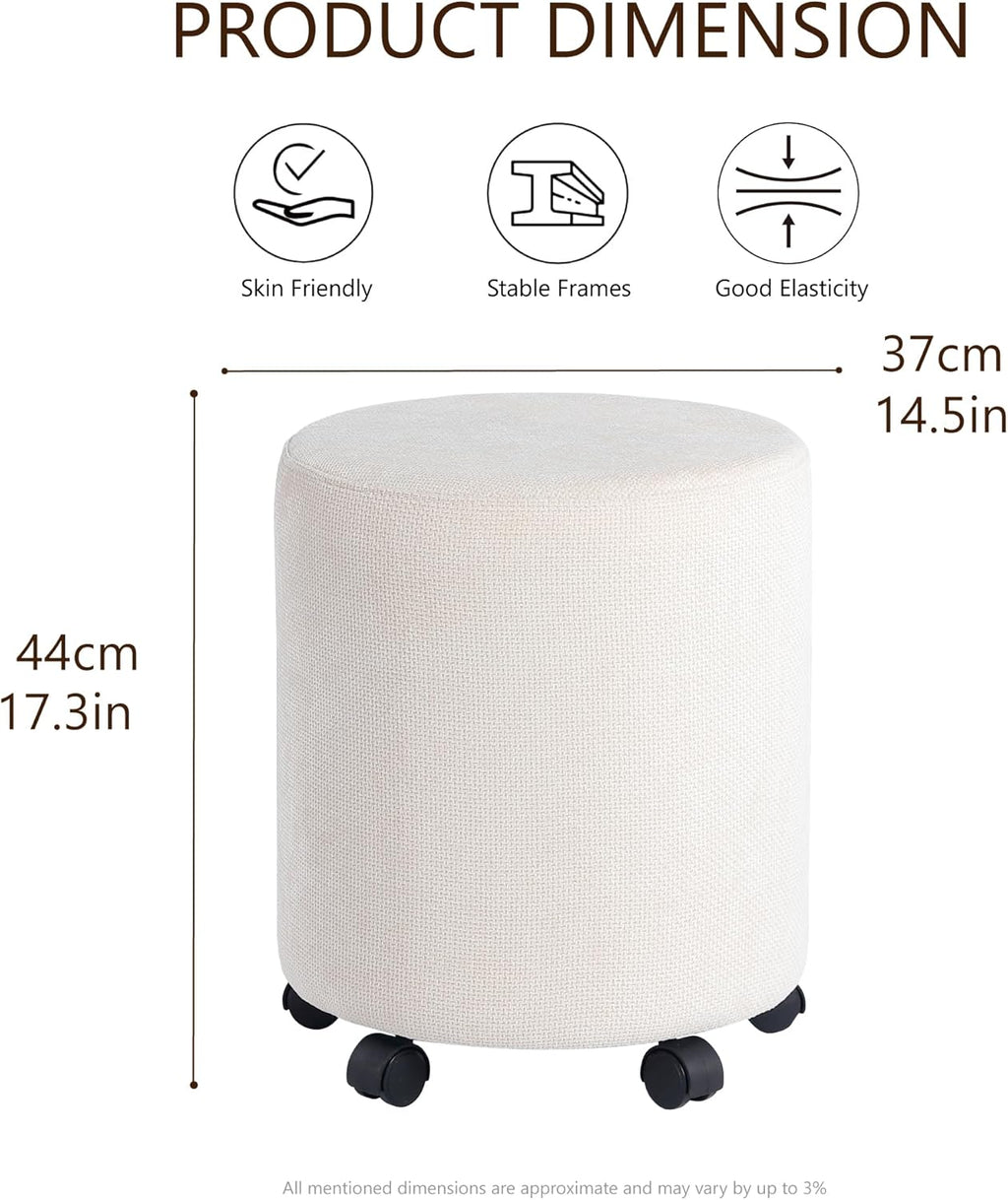 Get Set Style Ottoman with Wheels, Rolling Vanity Stool for Makeup, Upholstered Vanity Rolling Chair Footrest Round Ottoman Foot Stool for Living Room, Bedroom Beige
