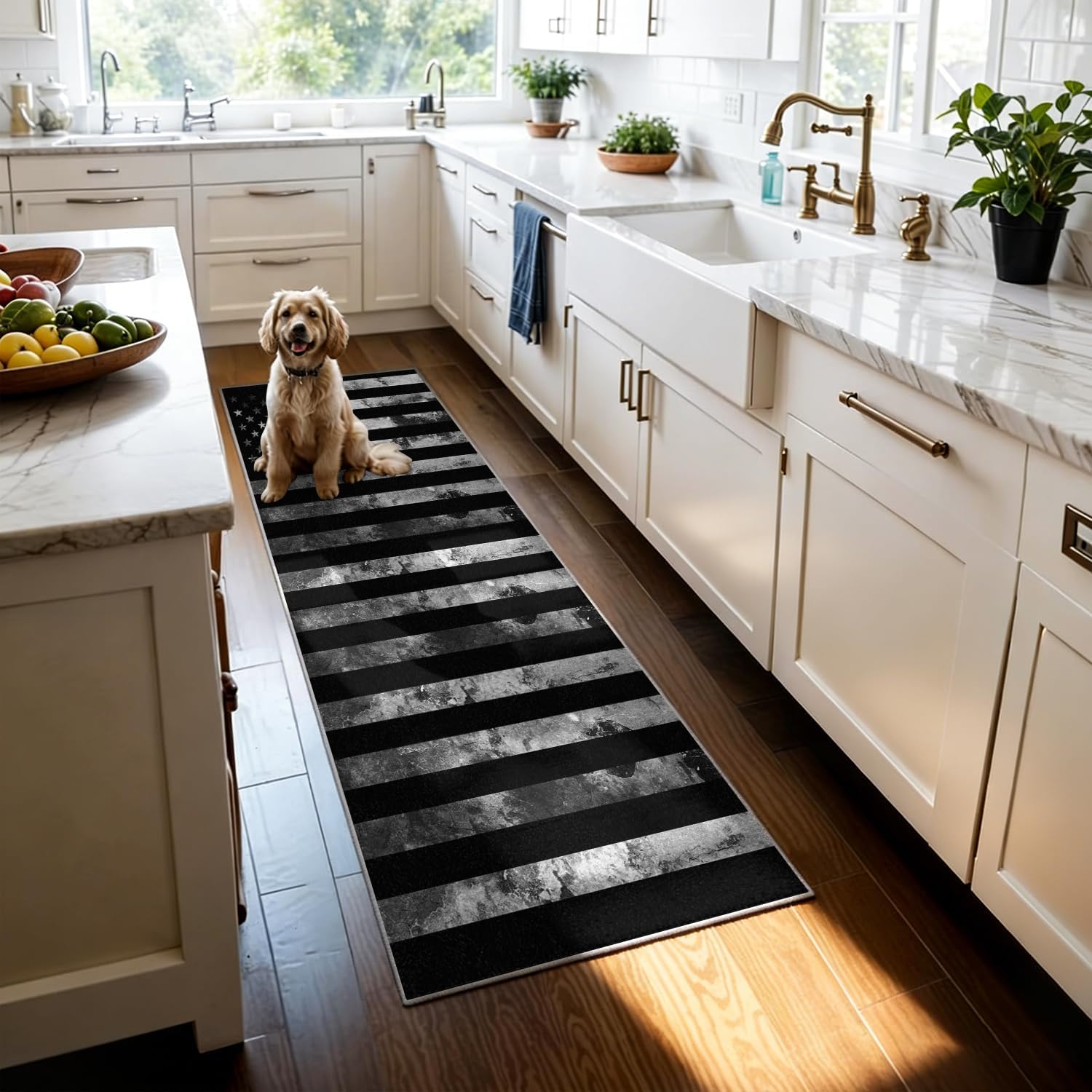 USA American Flag Runner Rug 2x6ft, Vintage USA Stars Stripes Flag School Hallways Runner Rug, Black Kitchen Floor Mat, Non-Slip Washable Low Pile Carpet for Entryway Living Room Bedroom Playroom
