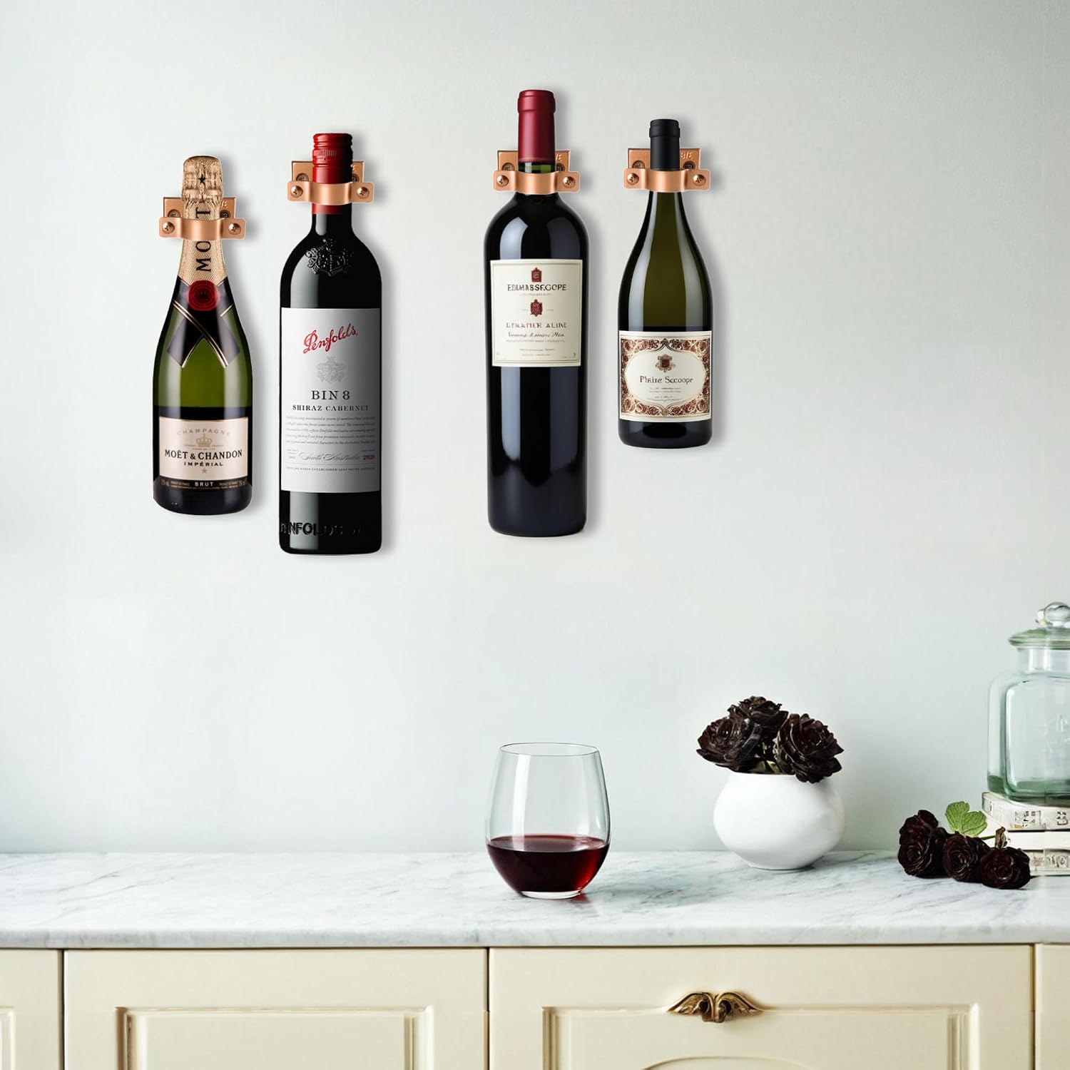 Lily's Home Bar Wall Mount Single Wine Bottle Display Holder, Set of 4, Industrial Design with Mounting Hardware, Works with Wine or Liquor Bottles, Copper Finish (4-1/2” x 1-3/8” x 2-3/4”)