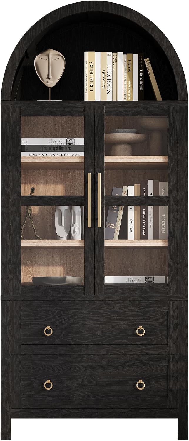 Modern Tall Arched Kitchen Pantry Cabinet with 2 Drawers, Wood Storage Cabinet Cupboard with Adjustable Shelves and Glass Door for Kitchens, Dining Room (Black)