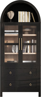 Modern Tall Arched Kitchen Pantry Cabinet with 2 Drawers, Wood Storage Cabinet Cupboard with Adjustable Shelves and Glass Door for Kitchens, Dining Room (Black)