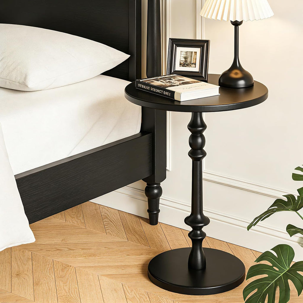 Solid Wood Round Side Table, 15.75" Small Drink Table with Non-Slip Pedestal Base, Modern End Table Accent Table for Living Room and Bedroom, Black