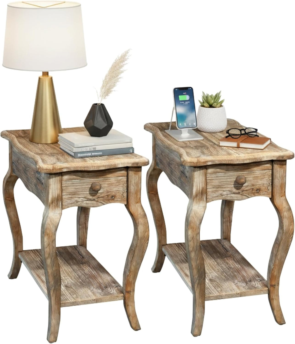 Alaterre Furniture Austerity Living Room Tables – 15 Inch Narrow Chairside Table with Drawer, Shelf, Scalloped Edges, & Curved Legs – Rustic Accent Side Table in Driftwood Finish (Set of 2)