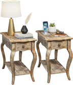 Alaterre Furniture Austerity Living Room Tables – 15 Inch Narrow Chairside Table with Drawer, Shelf, Scalloped Edges, & Curved Legs – Rustic Accent Side Table in Driftwood Finish (Set of 2)