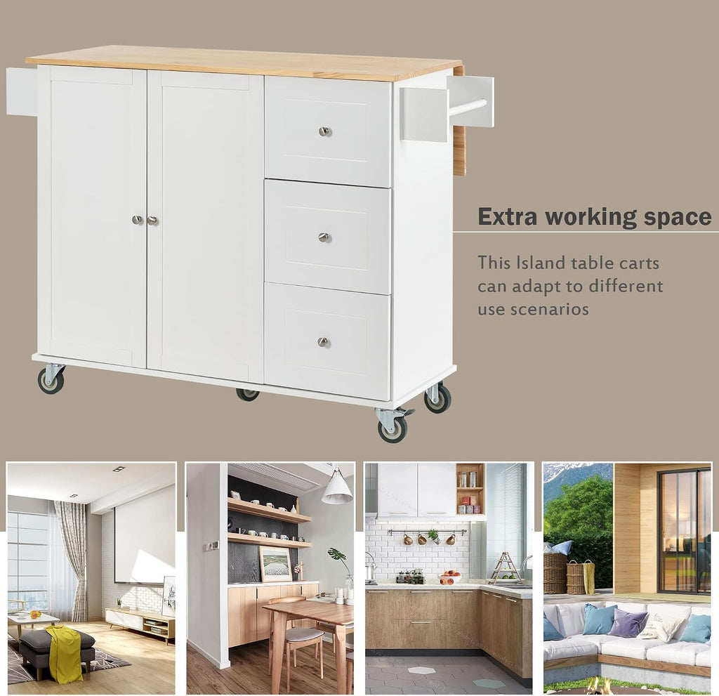 COMHOMA Mobile Kitchen Island with Solid Wood Top and Locking Wheels,Storage Cabinet and Drop Leaf Breakfast Bar,Spice Rack, Towel Rack & Drawer