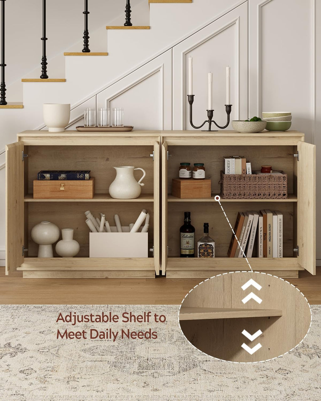 3pcs Sideboard Cabinet Buffet Cabinet with Storage with Adjustable Shelves and Handle-Free Design Suitable for Kitchens,Hallway,and Living Rooms Light Oak