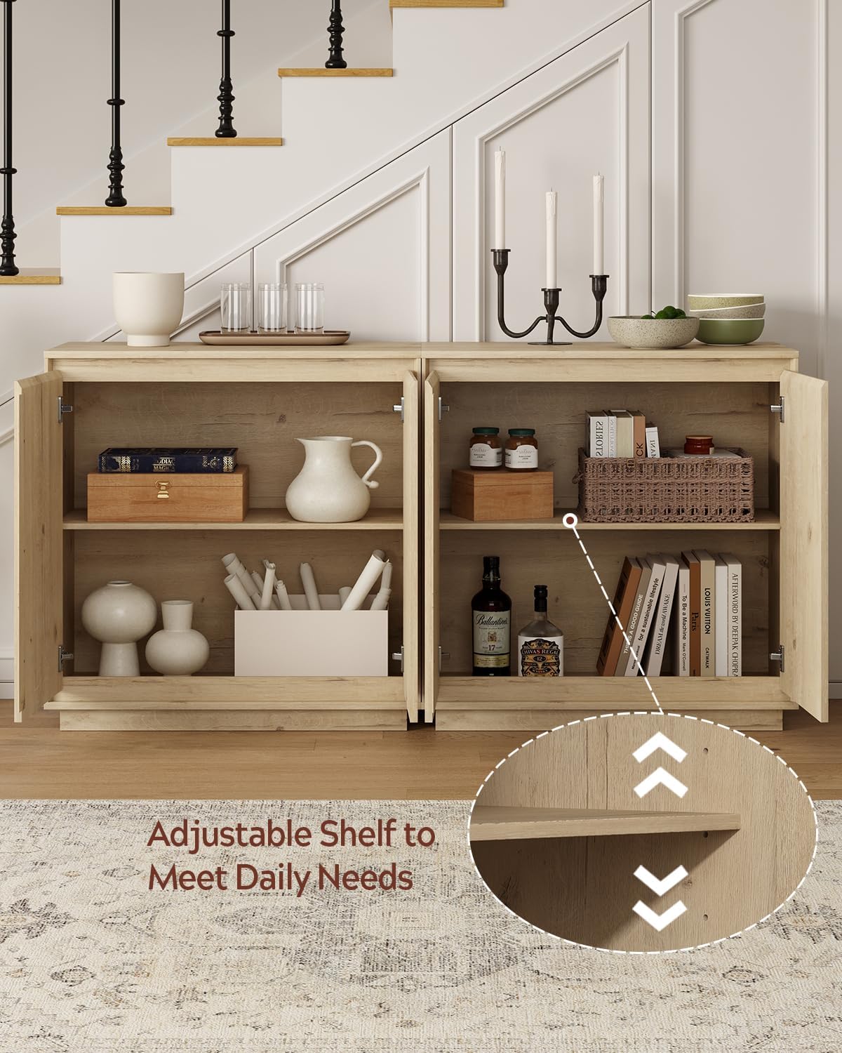 3pcs Sideboard Cabinet Buffet Cabinet with Storage with Adjustable Shelves and Handle-Free Design Suitable for Kitchens,Hallway,and Living Rooms Light Oak