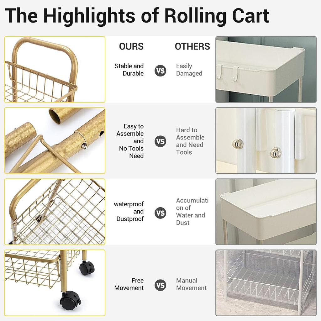 3 Tier Rolling Utility Cart, Storage Trolley Service Cart with Wheels Easy Assembly for Kitchen, Living Room, Office, Salon, Gold | Storage Trolley Service Cart with Lockable Wheels, Easy Assembly for Kitchen, Living Room, Office, Salon, Dorm