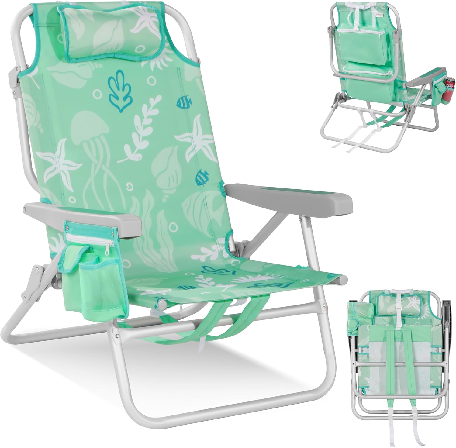 Low Beach Chairs for Adults - 5-Position Lay-Flat Backpack Chair with Large Insulated Cooler & Storage Pocket, Aluminum Frame, Portable for Travel & Outdoor, Supports 300lbs, Ocean Mint