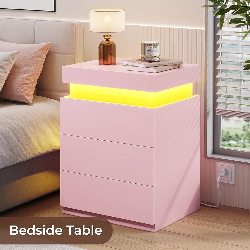 BTHFST LED Pink Nightstands Set of 2 with Charging Station | Nightstand with Sliding Top,Bedside Table with Power Outlets & Drawers,Modern Side Table
