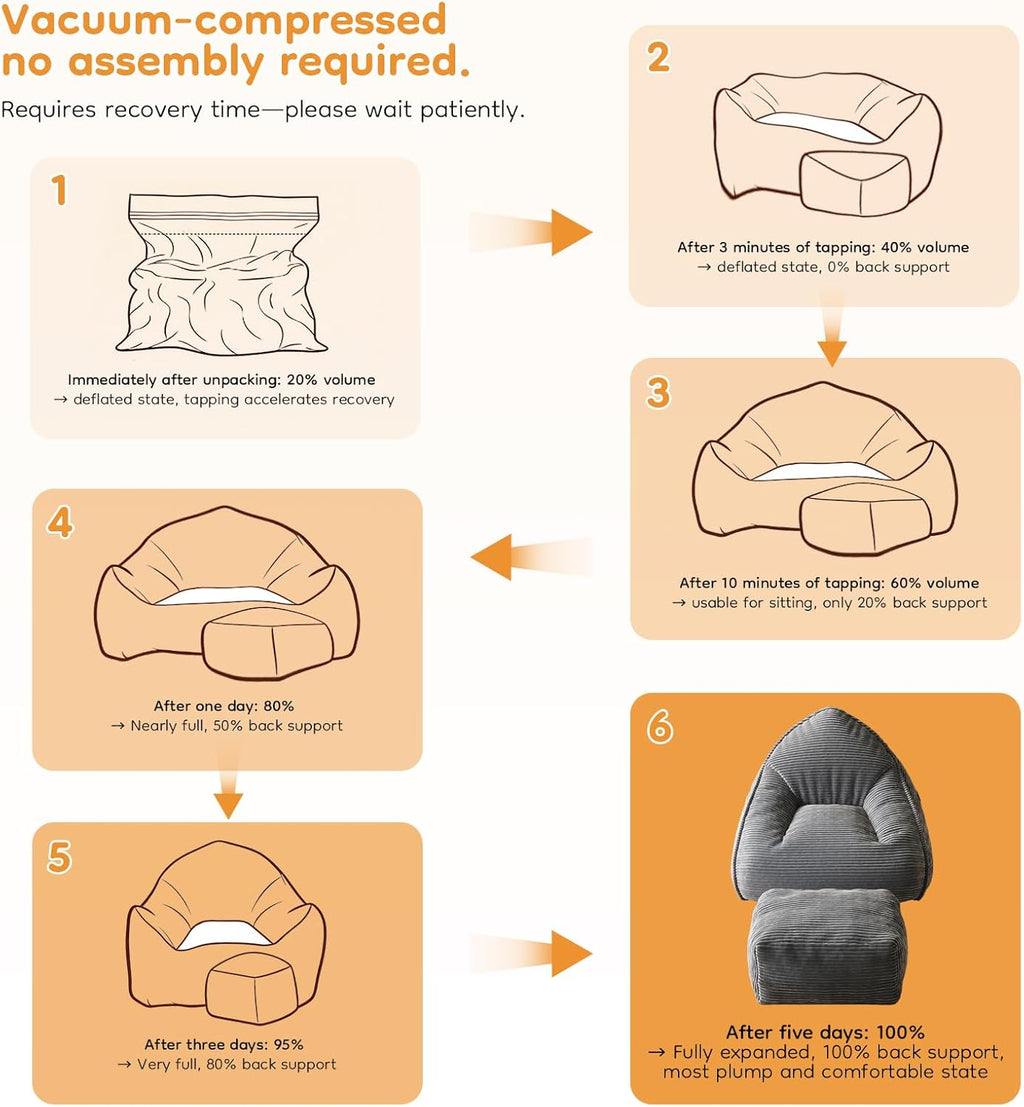 Cloud Large Bean Bag Chair with Ottoman, Corduroy Fabric+35D Memory Foam Big Beanbag Chair for Adults,Lounger Chairs Sofa Boneless Puff Chair for Living Room (Gray)