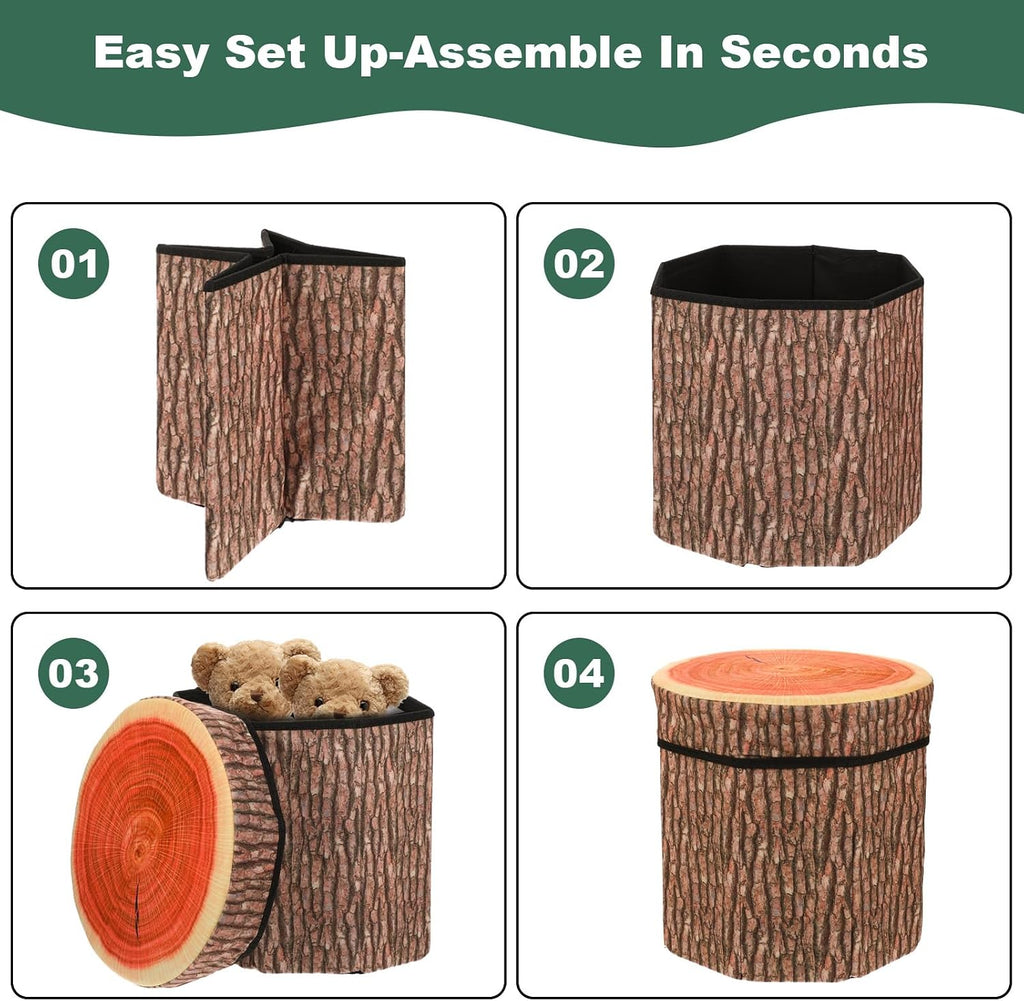 3 Pcs Tree Stump Storage Stool, 12 x 12 Inch Fiberboard Ottoman with Foam Cushion, Folding Toy Box and Foldable Seat Chest for Kids, Classic Design