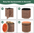 3 Pcs Tree Stump Storage Stool, 12 x 12 Inch Fiberboard Ottoman with Foam Cushion, Folding Toy Box and Foldable Seat Chest for Kids, Classic Design