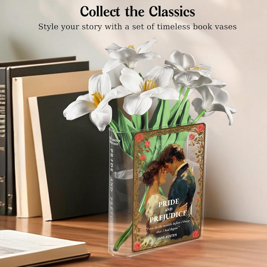 Alpharan Pride and Prejudice Inspired Book Vase, Flower Vases for Tables | Acrylic Book-Shaped Flower Vase,Bookshelf Decor,Book Lovers Book Club Gifts,Jane Austen Gifts, Birthday Gifts for Women Mom