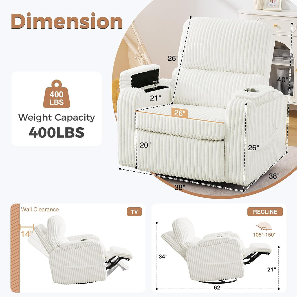 Power Swivel Rocker Recliner,Oversized Glider Recliner Nursery with Adjustable Headrest,Rocking Chair Nursery Recliner with Removable Cushion and Arm Storage for Living Room,Infinite Position,White