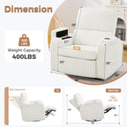 Power Swivel Rocker Recliner,Oversized Glider Recliner Nursery with Adjustable Headrest,Rocking Chair Nursery Recliner with Removable Cushion and Arm Storage for Living Room,Infinite Position,White