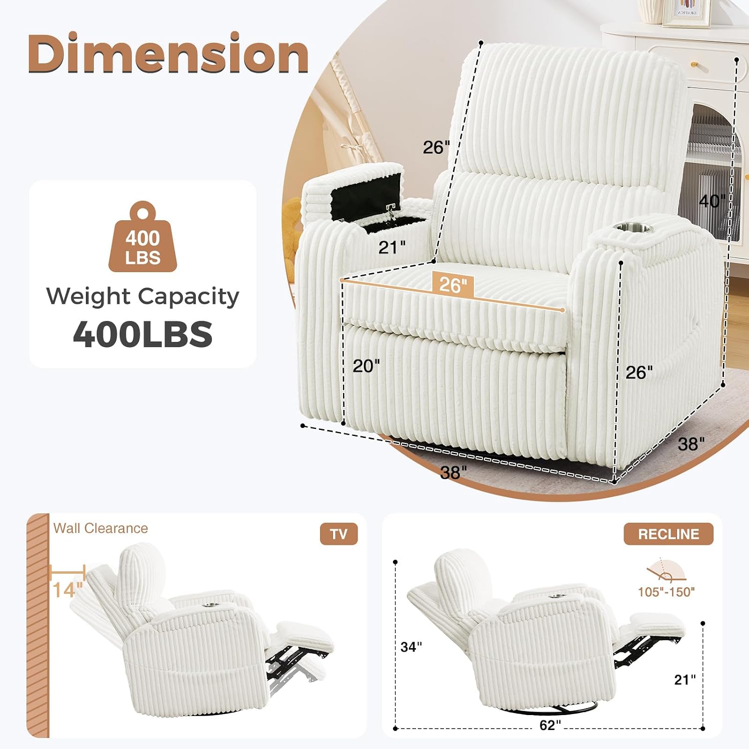Power Swivel Rocker Recliner,Oversized Glider Recliner Nursery with Adjustable Headrest,Rocking Chair Nursery Recliner with Removable Cushion and Arm Storage for Living Room,Infinite Position,White