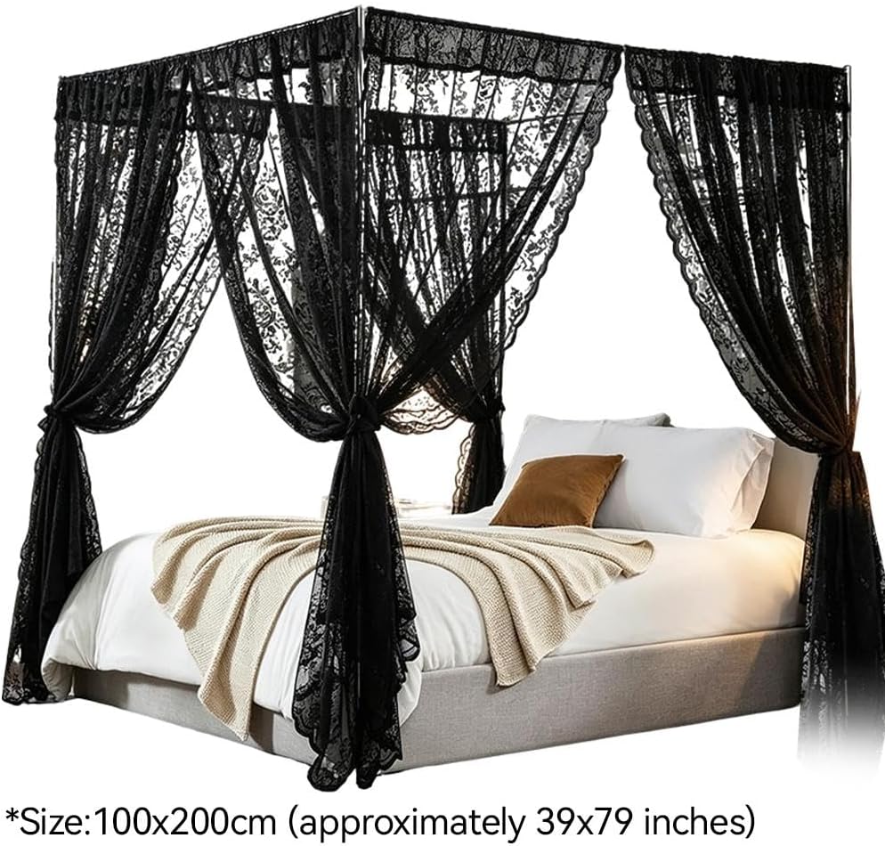 Lace Canopy Bed Curtains Set Black Queen Bed Canopy Curtains Soft Romantic Canopy Scarf Cute Bedroom Decor, No Pole, Consists of 8, 39" x 79"