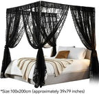 Lace Canopy Bed Curtains Set Black Queen Bed Canopy Curtains Soft Romantic Canopy Scarf Cute Bedroom Decor, No Pole, Consists of 8, 39" x 79"