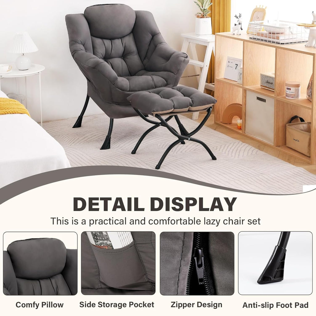 Lazy Chair with Ottoman, Modern Accent Chair Contemporary Sofa Chair with Armrests, Reading Chair and Folding Footstool Set for Living Room, Bedroom, Office, Dark Grey