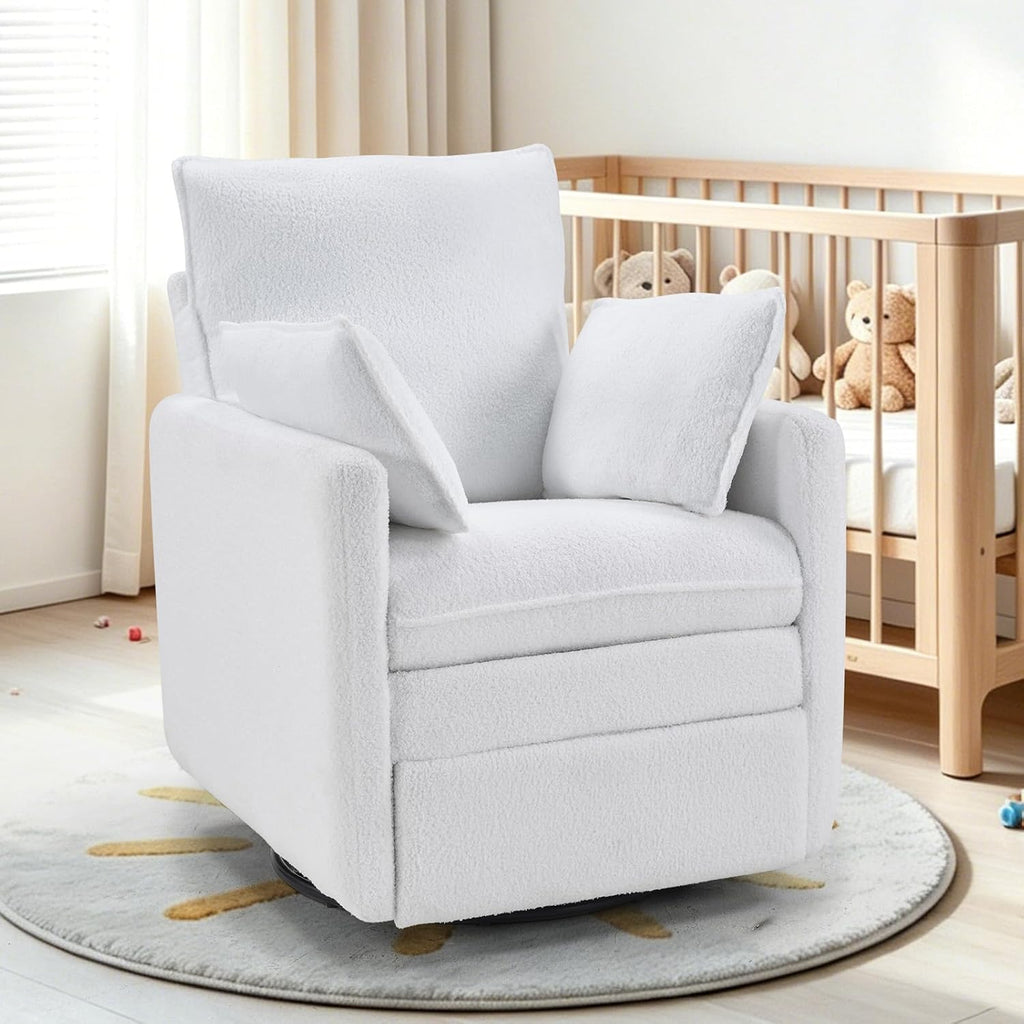CANMOV Swivel Rocker Recliner Chair, Teddy Upholstered Nursery Glider Chair, Manual Reclining Chair with Two Removable Pillows for Living Room (White)