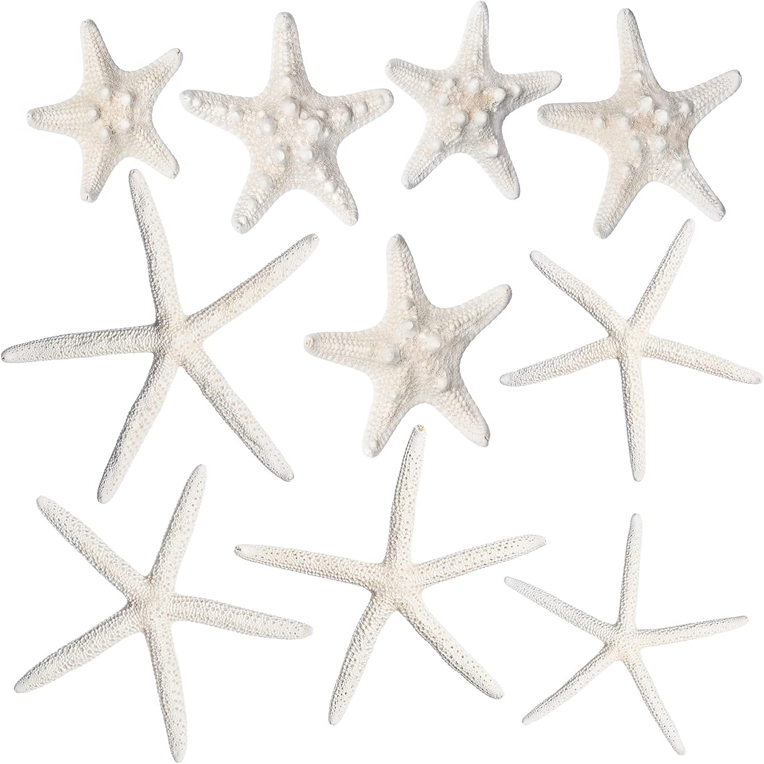 Nautical Crush Trading Starfish & Knobby Starfish Decor - (5) White Starfish 4-6" and (5) Knobby Starfish 2-3.5" - Beach Wedding Decor - Coastal Party Decorations - Seashell Decor