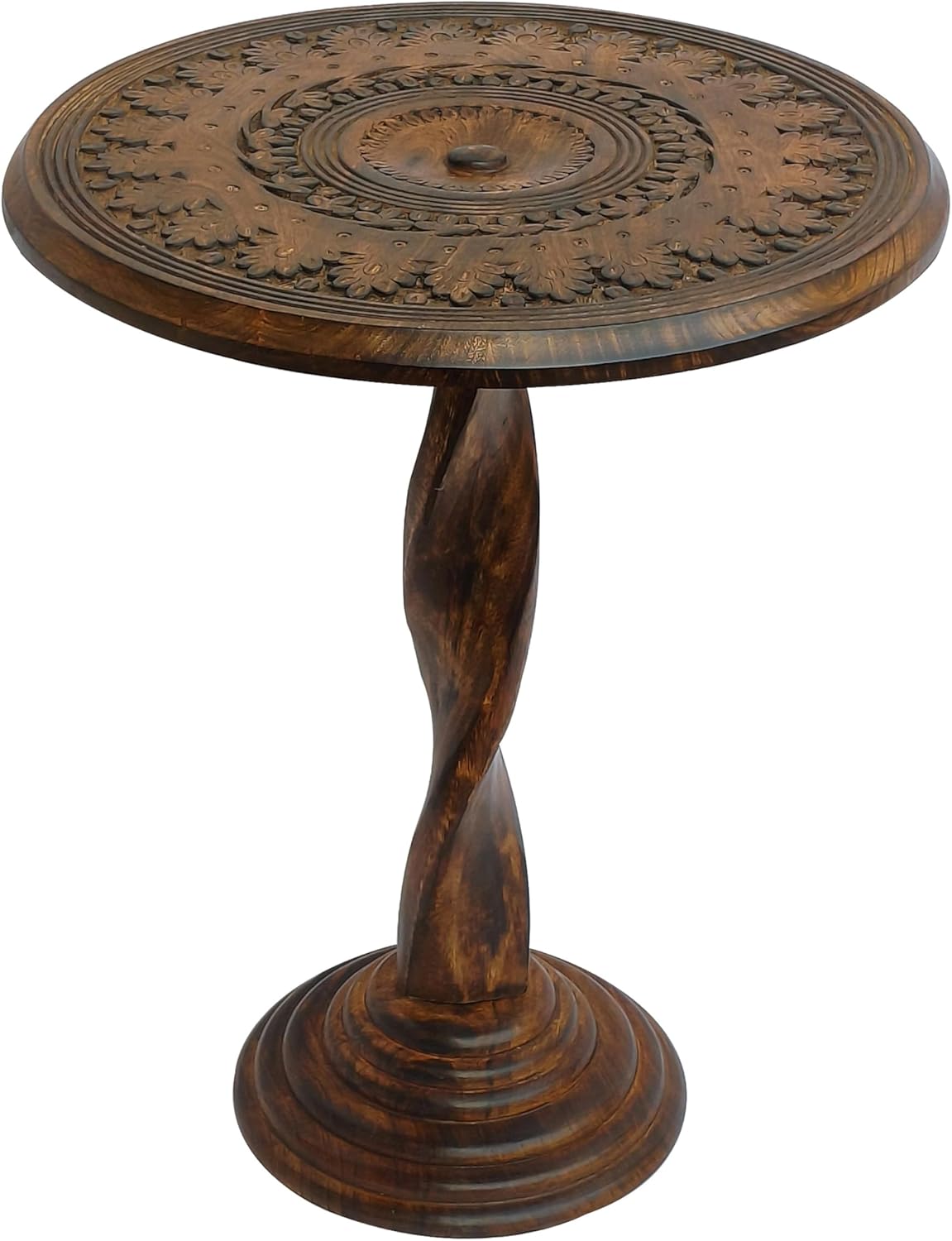TUP THE URBAN PORT Jem 22 Inch Side End Table, Round Top, Hand Carved Boho Mandala Design with Twisted Base, Brown Mango Wood