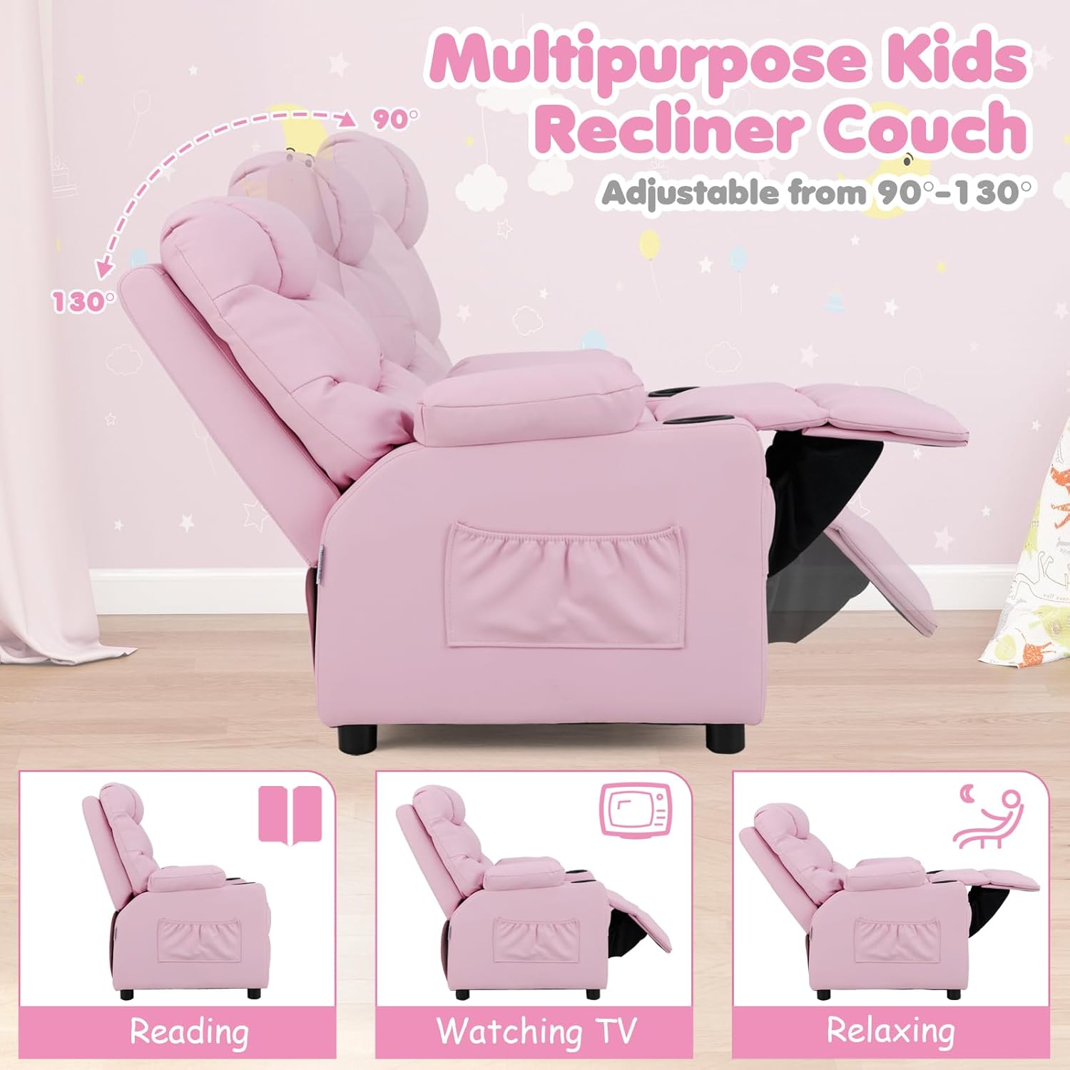 GLACER Kids Recliner Chair w/Cup Holder & Side Pockets, Children Recliner w/Comfortable Backrest, Armrests & Footrest, Toddler PU Leather Recliner for Boys Girls, 3+ Age Group (Pink)