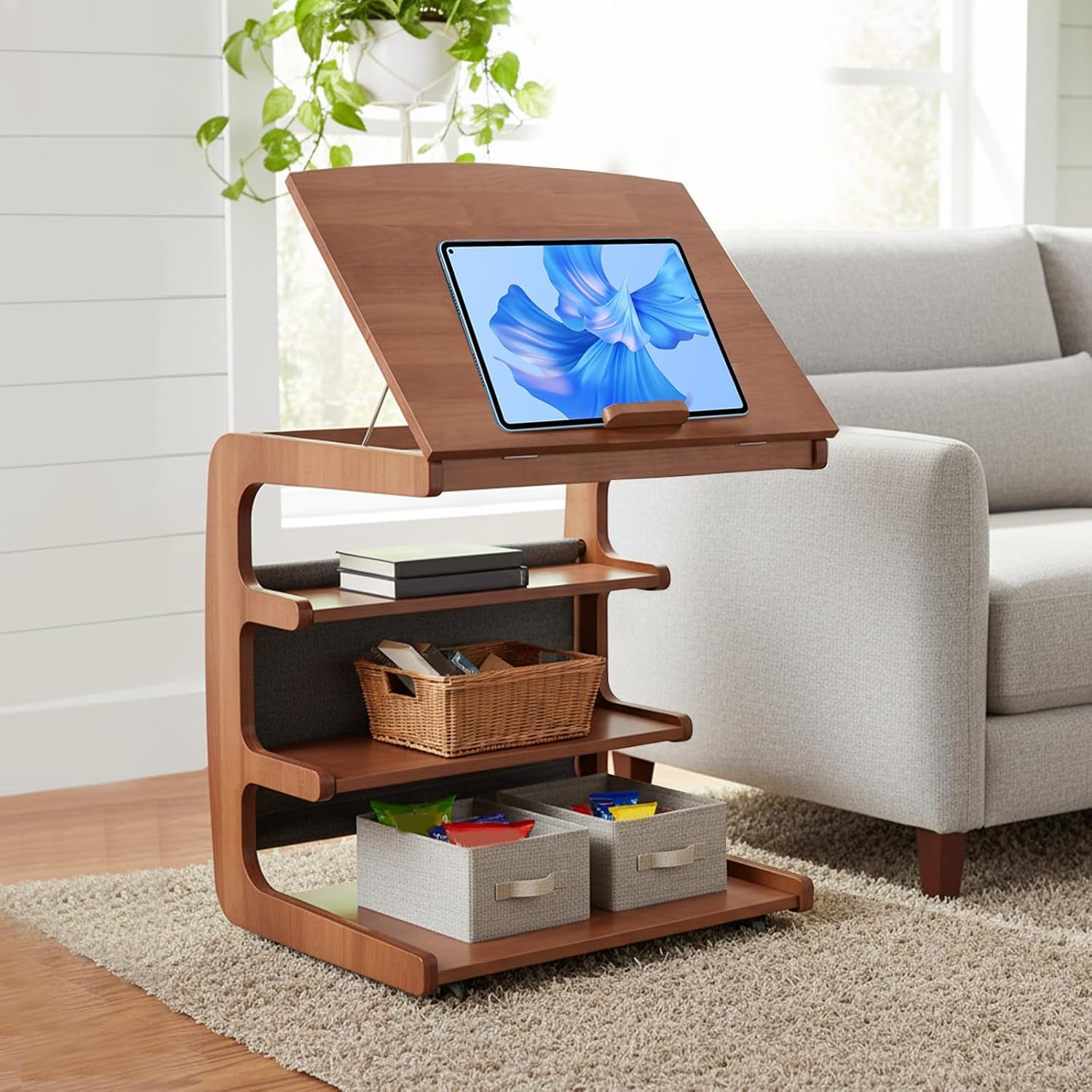 Multi-Layer Storage Rolling Side Table, C Shaped Couch End Table with Edge Stopper & Side Pocket, Mobile Wooden Bedside TV Tray Desk - 23.66" W*18.46" D*24.8" H