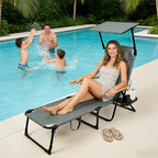 Folding Lounge Chair with Adjustable Canopy, Portable Sun Lounger with 4-Position Reclining Back, Outdoor Chaise Lounge with Arms, Tanning Chair for Beach Poolside Backyard Camping, 440LBS (Gray B)