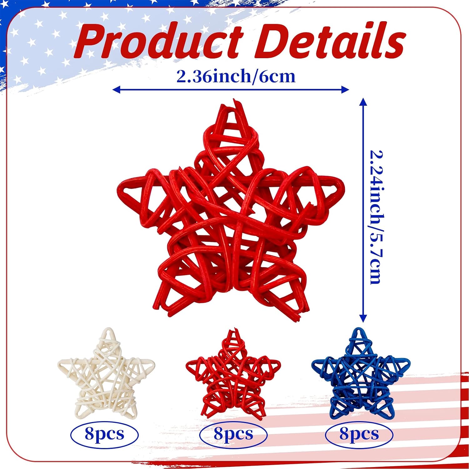 24Pcs 4th of July Rattan Stars Decoration Red White Blue Wicker Star Ornaments Patriotic Independence Day Home Decor for Vase Bowl Filler Table Centerpiece Party Decor DIY Craft