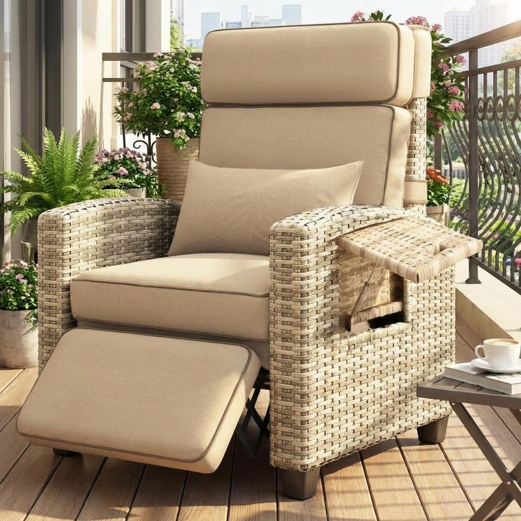 GarveeLife Outdoor Recliner Chair, PE Wicker Lounge Chair with Adjustable 145° Lay-Flat Backrest, Independent Footrest & Side Table, Plush Cushion for Patio, Poolside, Backyard in Brown