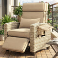 GarveeLife Outdoor Recliner Chair, PE Wicker Lounge Chair with Adjustable 145° Lay-Flat Backrest, Independent Footrest & Side Table, Plush Cushion for Patio, Poolside, Backyard in Brown