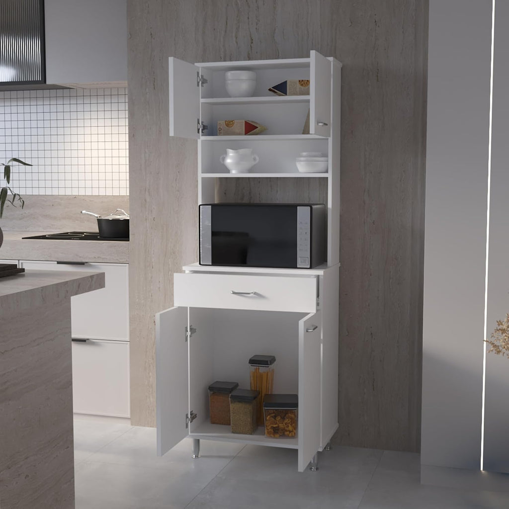 66" H Kitchen Pantry Cabinet Storage,4-Door Wooden Cupboard Credenza Bufffet Cabinet Freestanding Kitchen Hutch with Wine Coffee Bar Microwave Stand,White