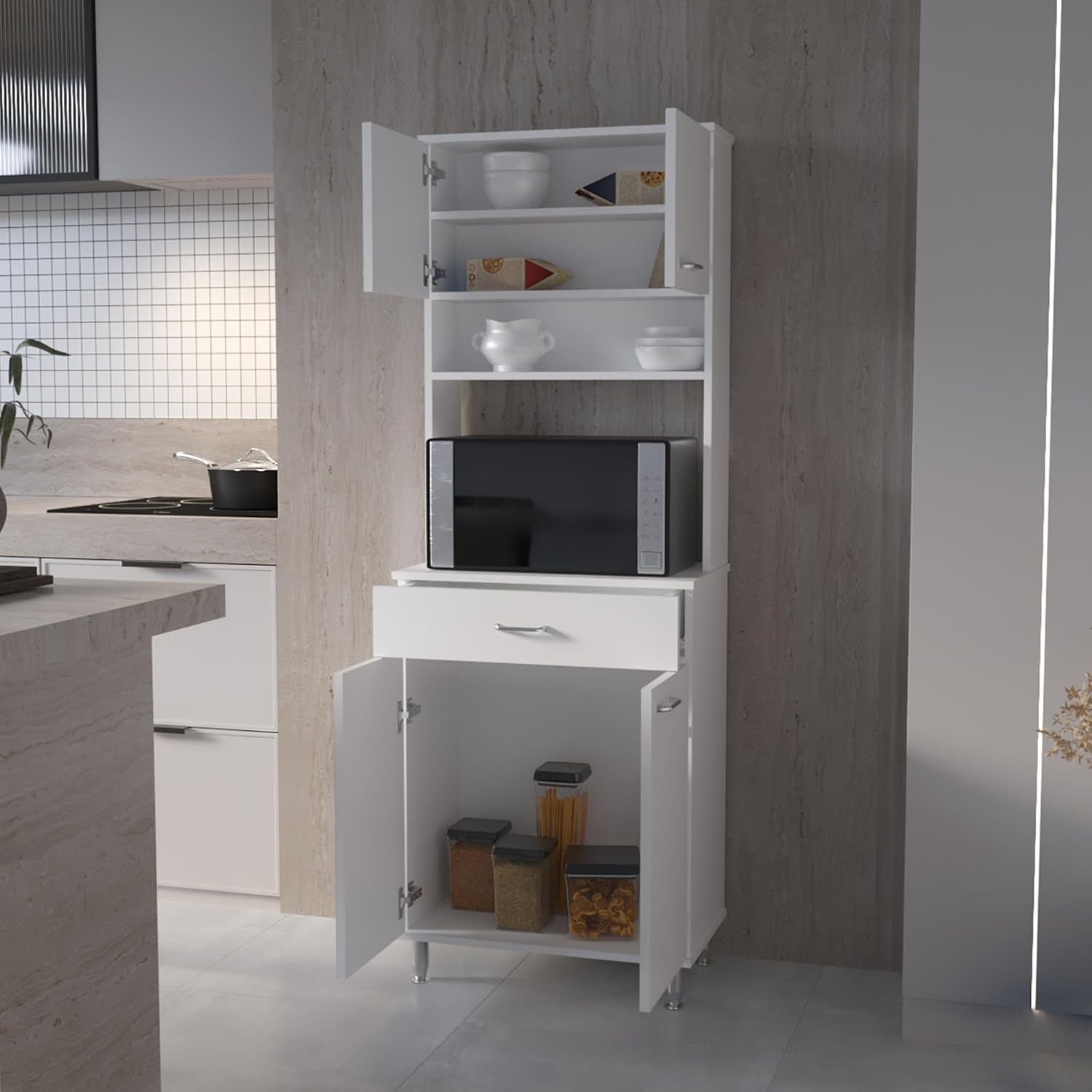 66" H Kitchen Pantry Cabinet Storage,4-Door Wooden Cupboard Credenza Bufffet Cabinet Freestanding Kitchen Hutch with Wine Coffee Bar Microwave Stand,White