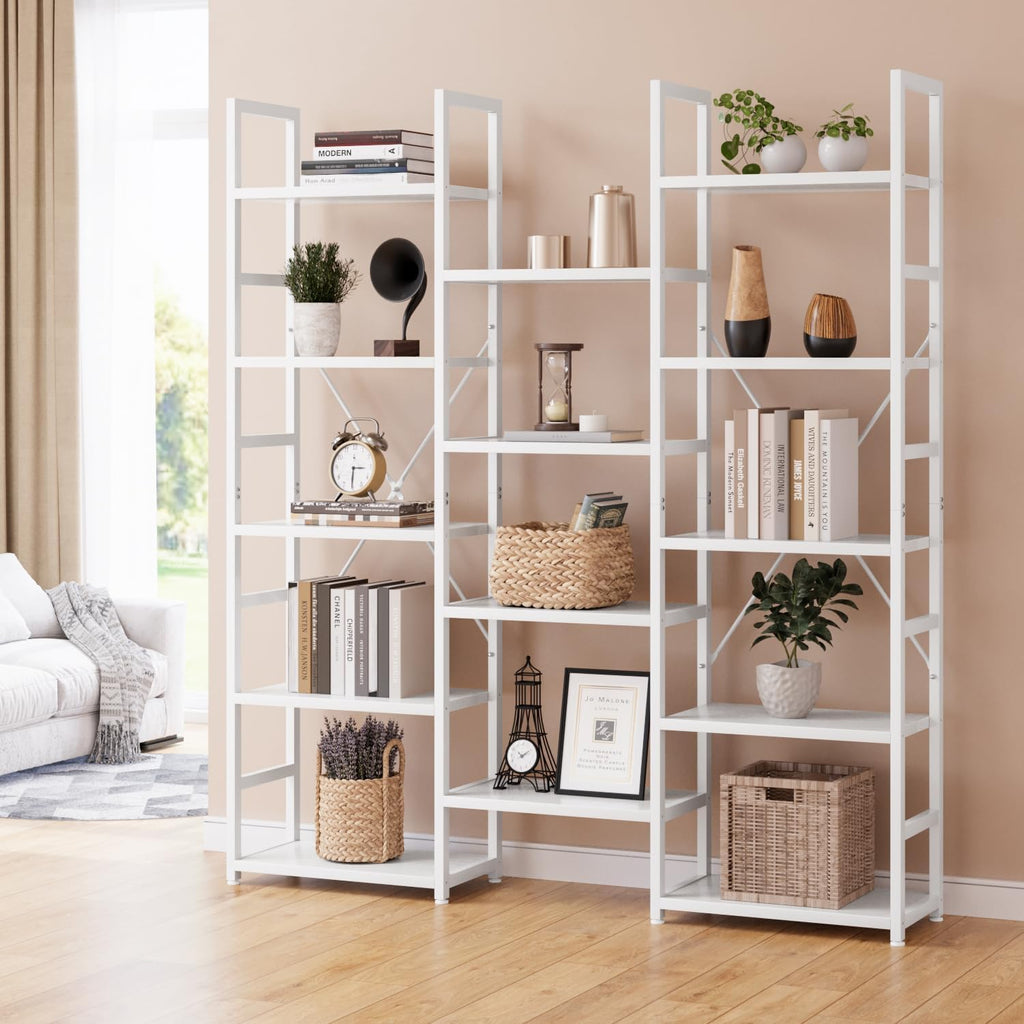 NUMENN Triple Column 5 Tier Bookshelf, Bookcase with 14 Open Display Shelves, Adjustable Rustic Industrial Style Book Shelves, Modern Bookshelves for Bedroom, Living Room and Home Office, White