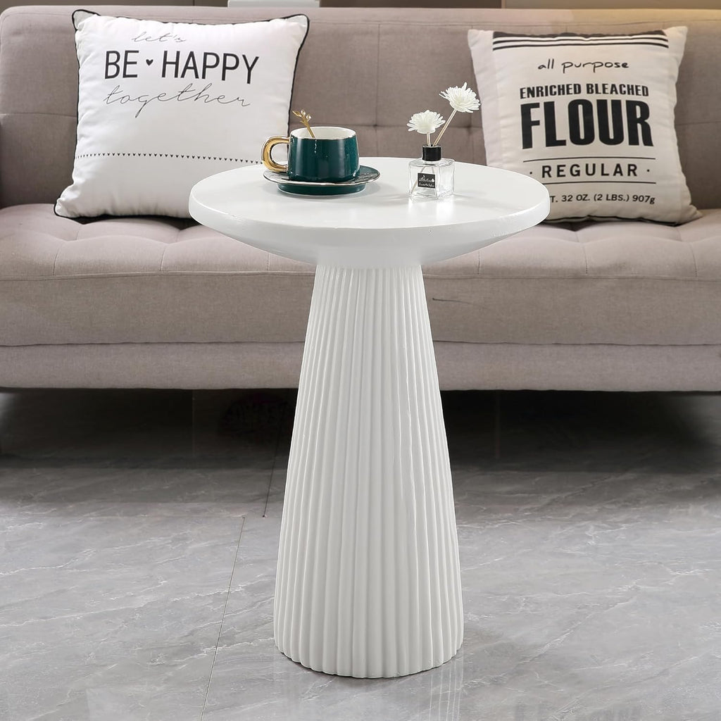 KEIKI Magnesium Oxide Fluted Base Side Table, 19.69" Round End Table for Indoors, Outdoors, Mid-Century Modern Side Table, Circle Fluted End Table for Living Room Patio, Ivory White