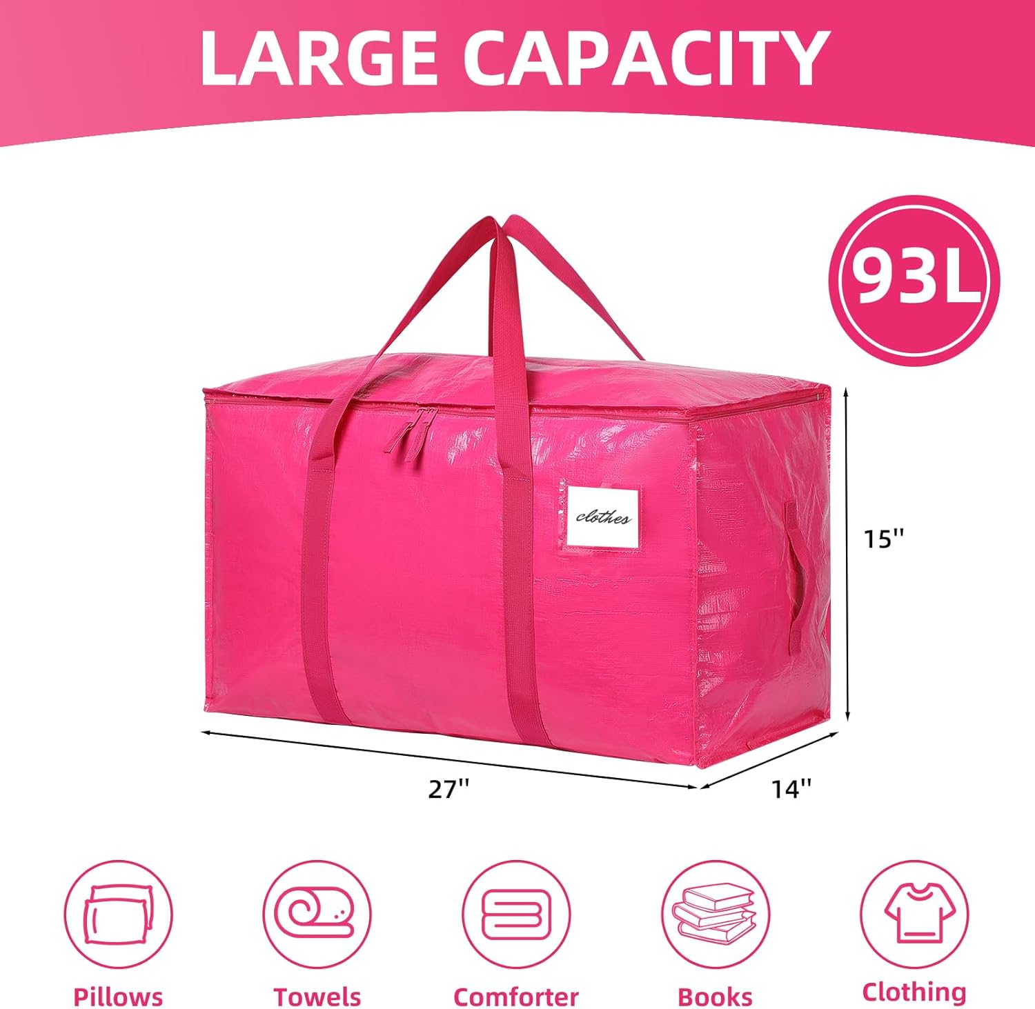 6 Pack Extra Large Moving Bags, 93L Heavy Duty Storage Totes with Reinforced Handles, Strong Zippers, Water-Resistant Foldable Packing Bags for Clothes and Bedding, Rose Pink
