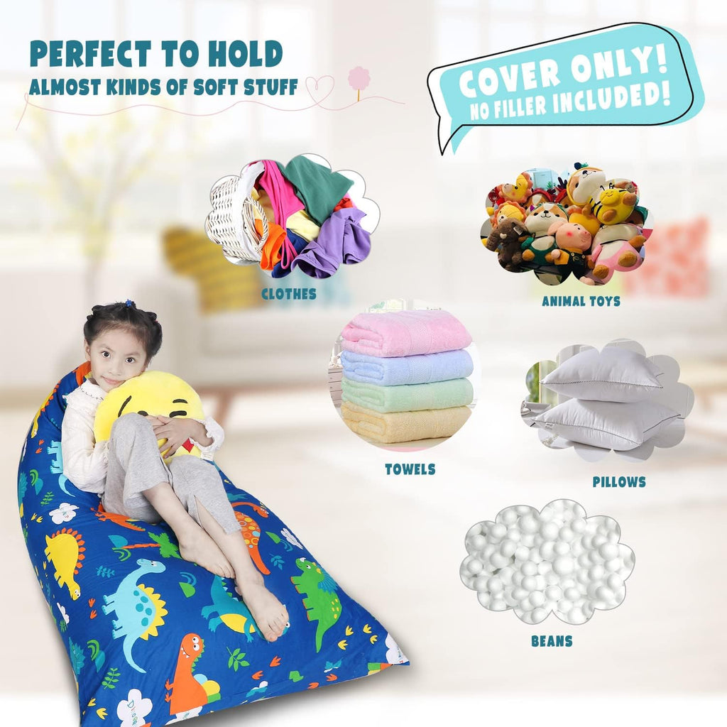 LOLOMLO Stuffed Animal Storage Bean Bag Chair Cover, Cotton Blue Dinosaur Plush Toy Storage Stuff and Sit Seat for Kids/Teens/Adults, 52" x 31" Extra Large Triangle Floor Sofa, 200L/52Gal, Cover Only