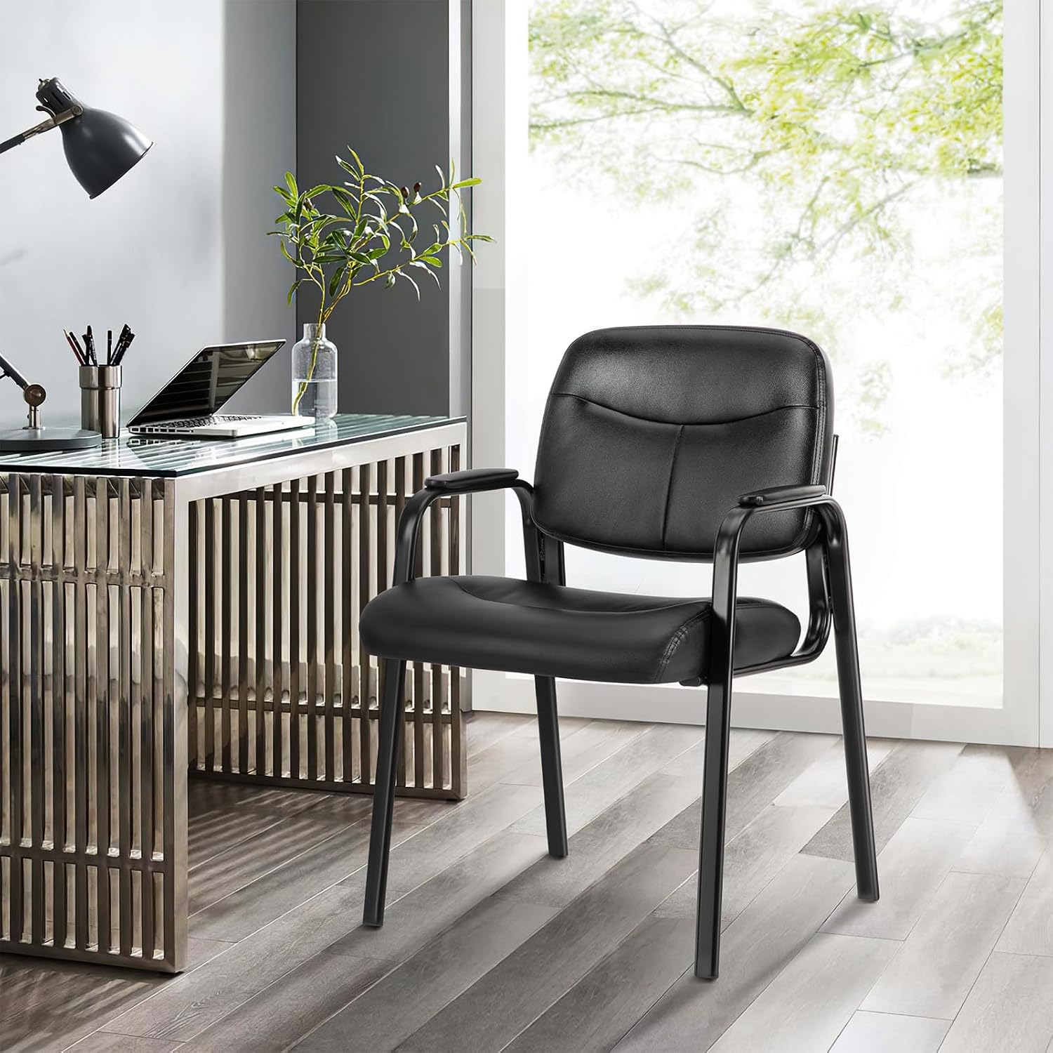 Office Waiting Room Chairs Guest Reception Chair with Arms, No Wheels, PU Leather for Breakroom, Lobby and Customer, Lower Back 1PC