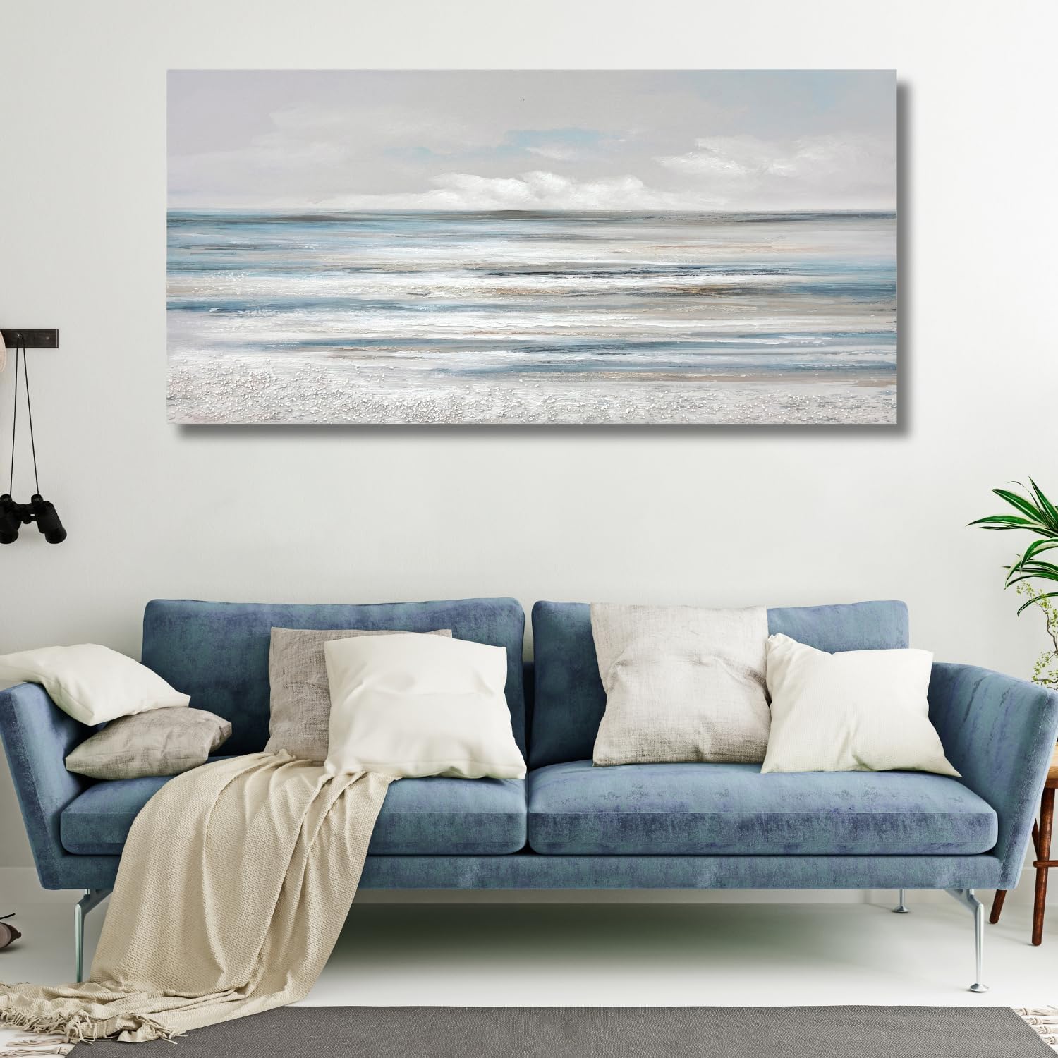TRAIN2 ART Abstract Wall Art Modern Coastal Wall Decor Textured Blue and White Sea Background Canvas Wall Art for Living Room Bedroom Kitchen Office 28"x57"