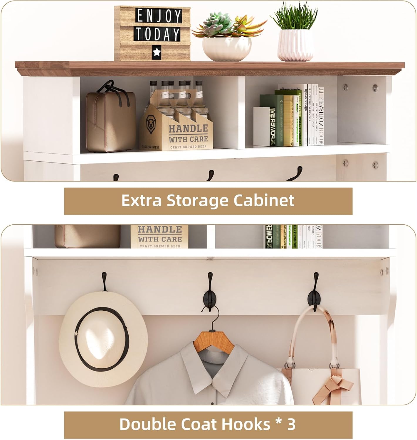 Hall Tree with Shoe Rack, 5-in-1 Farmhouse Coat Rack with Shoe Bench, Standing Shoe Storage with 3 Hooks for Front Door Entrance Mudroom Entryway Bedroom Hallway Living Room, White and Walnut