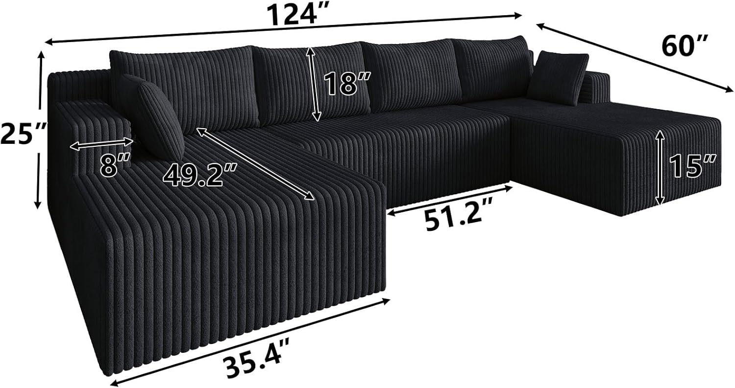 124 Inch Oversized Boneless Sectional Sofa Cloud Couch for Living Room - Symmetrical U Shaped Modular Couches Set with Double Chaise, No Assembly Floor Compression Sofa & Couch