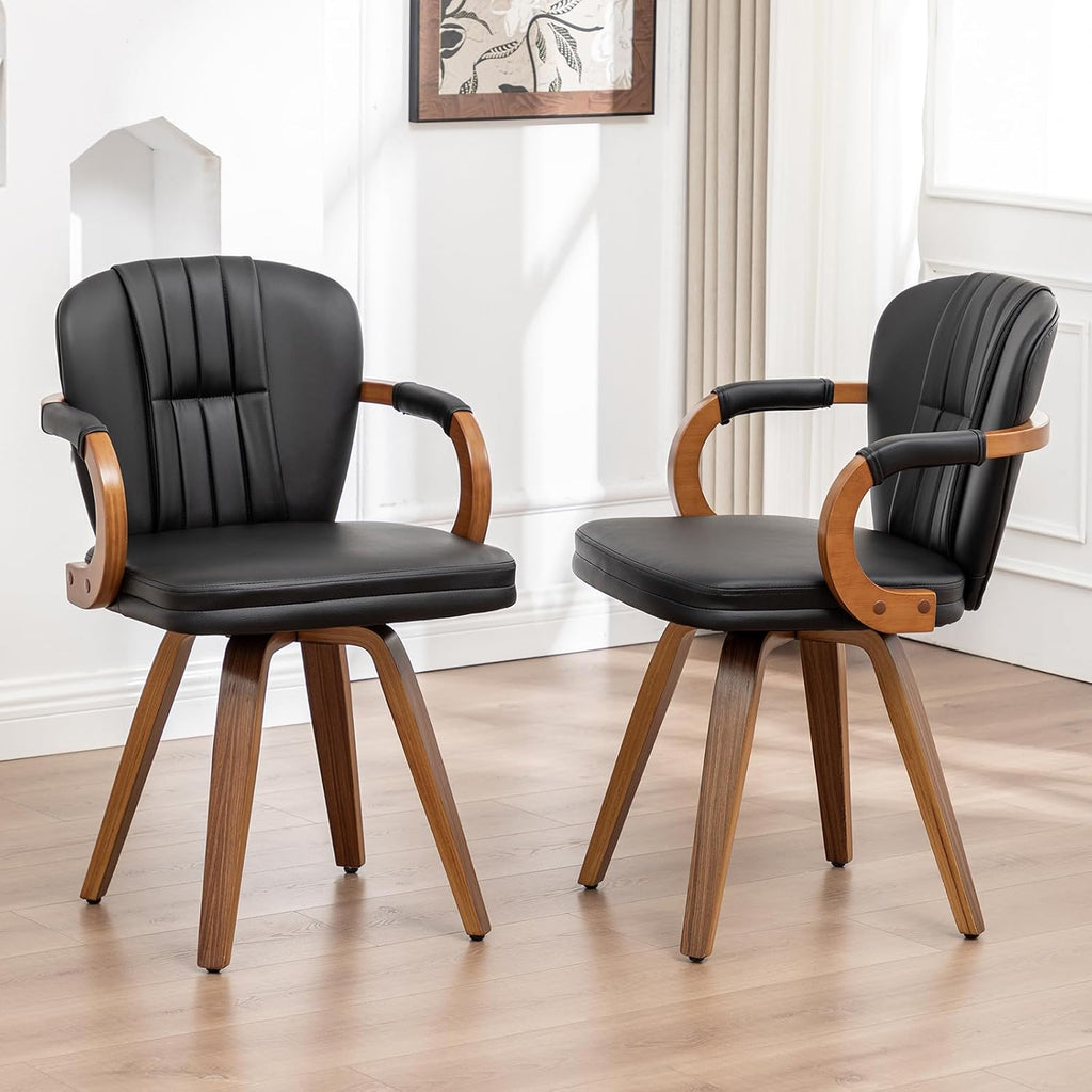 Swivel Dining Chairs Set of 2 Mid Century Modern Black Faux Leather Upholstered Kitchen Chairs with Bentwood Frame Armrests Side Chairs,Comfortable Ergonomic Wood Accent Chair No Wheels