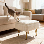 Small Foot Stool with Storage & Gold Metal Legs, Small Ottoman Foot Rest Under Desk for Couch, Chair, White Furry with High-Density Resilient Sponge