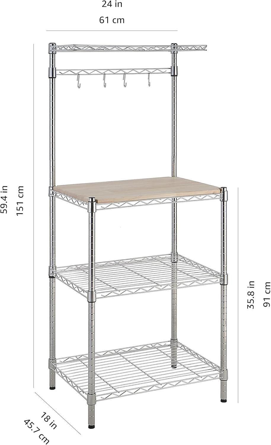 Amazon Basics Kitchen Storage Baker's Rack with Removable Wood Top, Chrome/Beige, 24"W x 59"H x 18"D