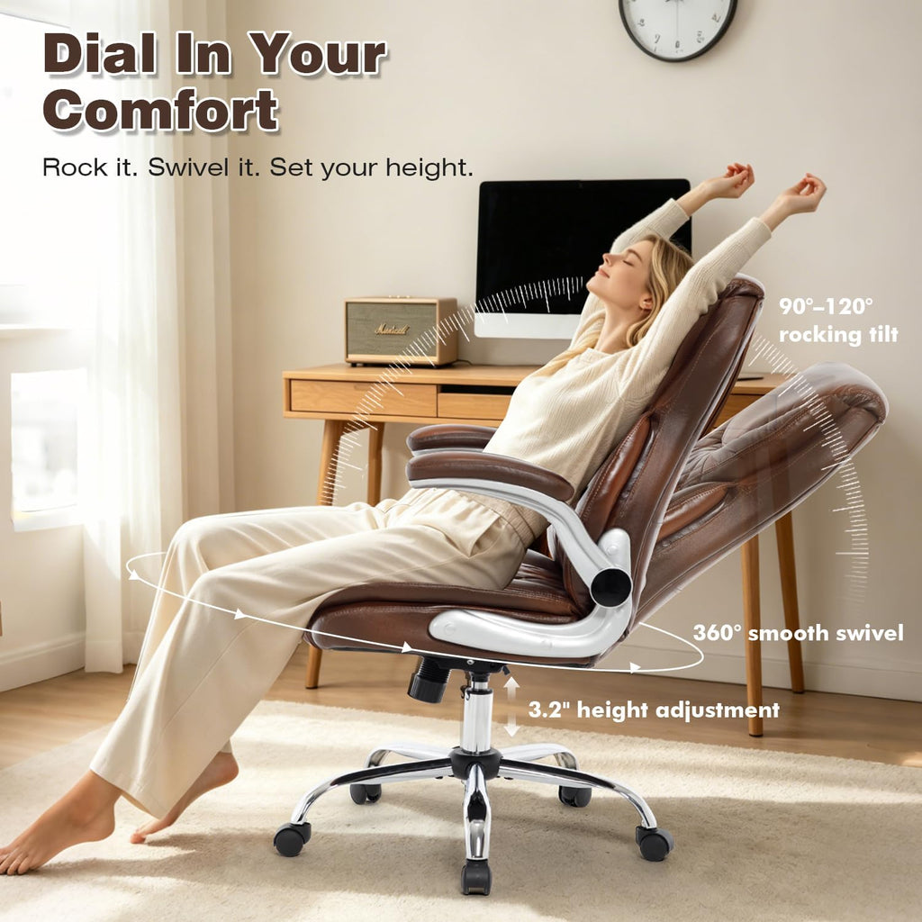 Leather Office Chair Brown with Flip up Arms, Big and Tall High Back Executive Office Desk Chairs with Wheels, Rocking Managerial Ergonomic Home Computer Chairs with Lumbar Support, Brown
