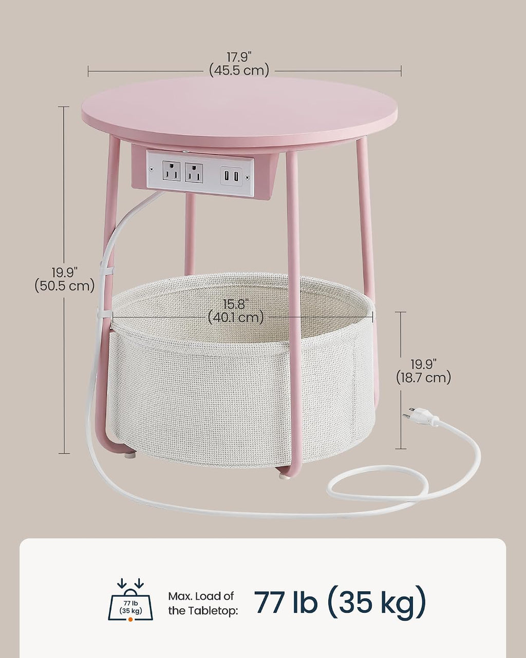 SONGMIC HOME Round Side End Table, Nightstand with Charging Station and Fabric Basket, for Living Room, Pink and White